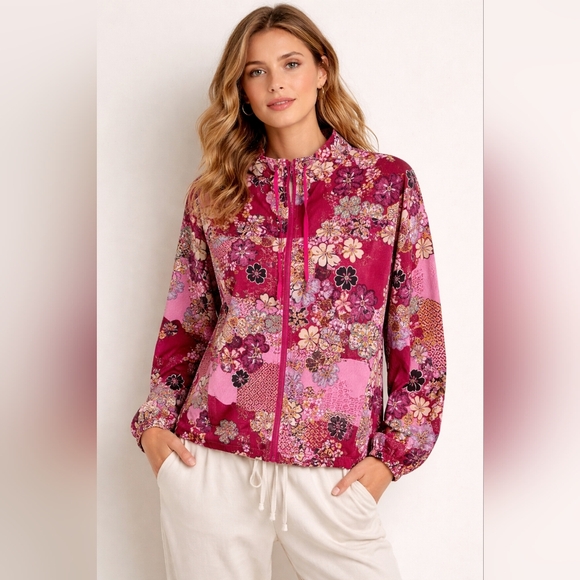 Johnny Was Jackets & Blazers - Johnny Was Active Yama Track Jacket Floral Pink Zip Up Athleisure | M